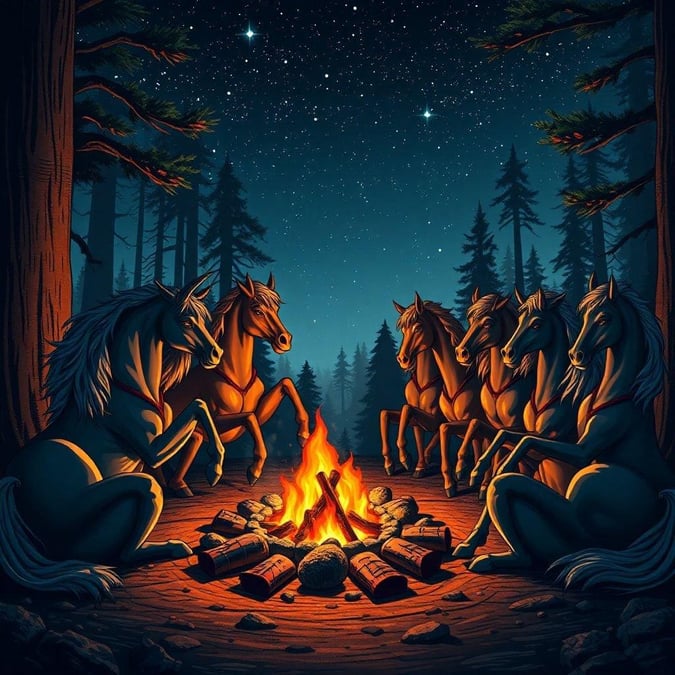 This fantasy wallpaper features a group of horses gathered around a campfire in a forest clearing. The horses are depicted in a whimsical and imaginative style, with intricate details and textures that bring them to life. The campfire is surrounded by trees and rocks, creating a cozy and intimate atmosphere. The overall effect is one of wonder and enchantment, inviting the viewer to step into the magical world of fantasy creatures.