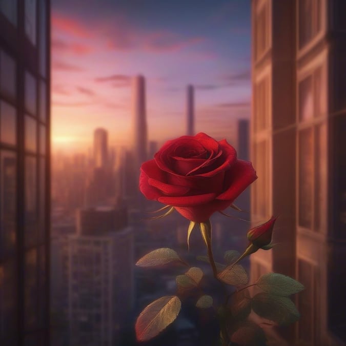 A romantic and peaceful image featuring a red rose in the foreground with a cityscape in the background, set against a stunning sunset or sunrise.