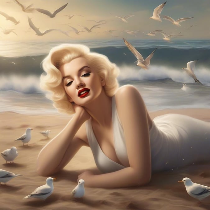 This stunning wallpaper features the iconic Marilyn Monroe in a serene beach setting, capturing the essence of Hollywood glamour and natural beauty.