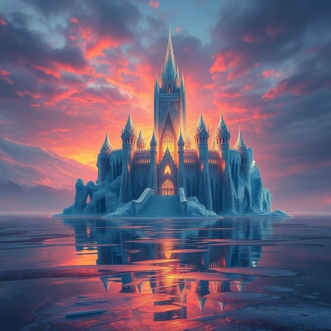 A majestic castle of ice, bathed in the warm glow of sunset. This enchanted scene captures the essence of festive winter celebrations.