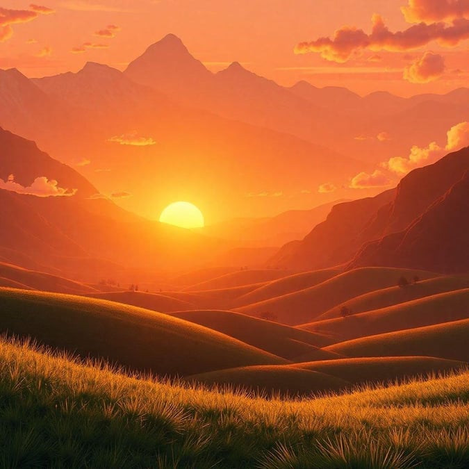 A cartoon favorite image of a breathtaking sunrise over the rolling hills of a serene desert landscape, with majestic mountains rising in the distance. This wallpaper is perfect for any digital device.