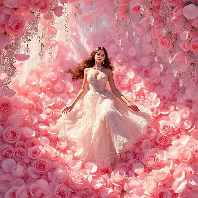 Immerse yourself in the dreamy elegance of this pink rose-adorned bridal gown. The perfect wallpaper for your wedding or fashion inspiration.