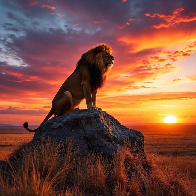 A majestic lion sits atop a rocky outcrop, surveying the wild, as the sun sets behind him. The serene silhouette of the king of the savannah against the fiery sky paints a picture of tranquility and power.