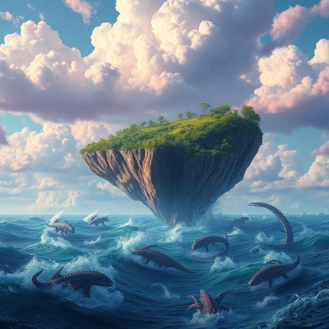 A fantastical scene where an island full of lush vegetation is being attacked by a school of vicious creatures from the deep. Will the island survive? This image combines elements of nature and imagination to create a striking piece of digital art.