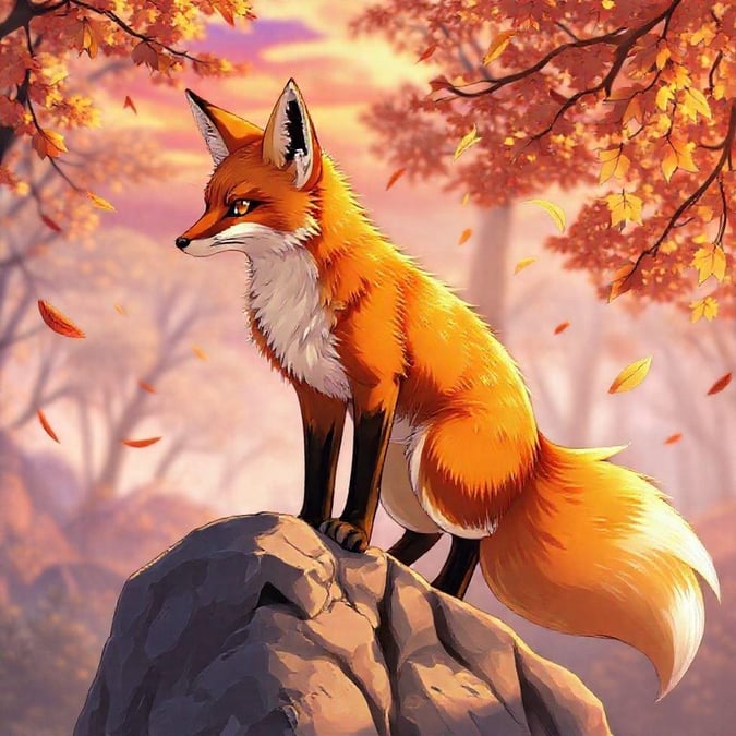 A captivating anime illustration of a fox standing on a rocky outcrop, surrounded by swirling autumn leaves, exuding mystery and intrigue.