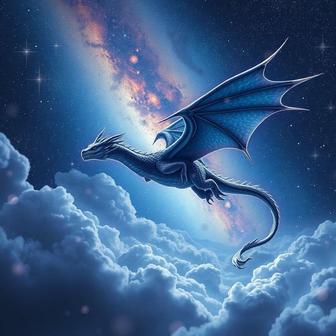 This fantasy creature wallpaper features a majestic dragon soaring through a starry night sky, its wings spread wide and its scales glistening in the moonlight. The dragon is surrounded by a halo of light, adding to the sense of wonder and magic.