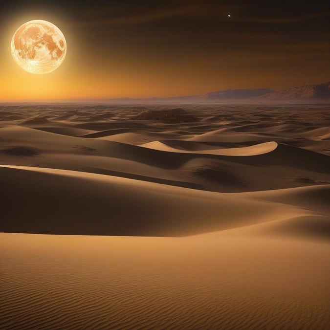 A tranquil desert scene at either sunrise or sunset, featuring a large full moon above distant mountains and the gentle undulation of sand dunes under the soft light.