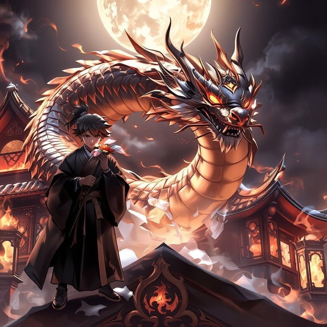 Immerse yourself in the mystical world of anime with this captivating wallpaper featuring a young monk and a majestic dragon.