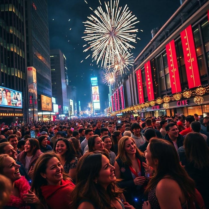 This captivating scene is set in Times Square, where a crowd of people has gathered to celebrate the arrival of the new year. The sky above them is lit up with the radiant glow of fireworks, their bright colors contrasting beautifully against the dark night sky. The atmosphere is one of joy and excitement, as everyone participates in this iconic event that marks a fresh start for the coming year.