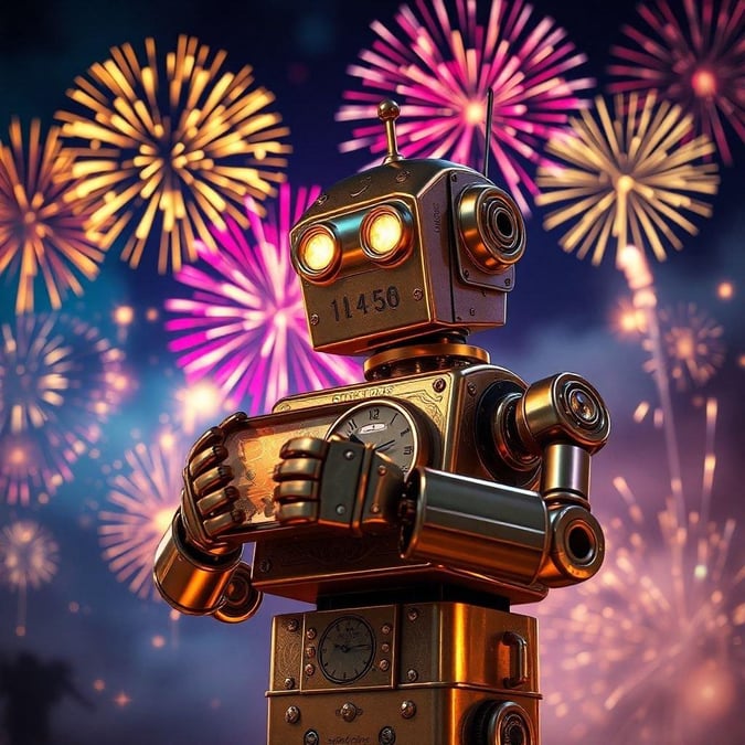 A robotic figure embracing the start of a new year with fireworks exploding in the background.