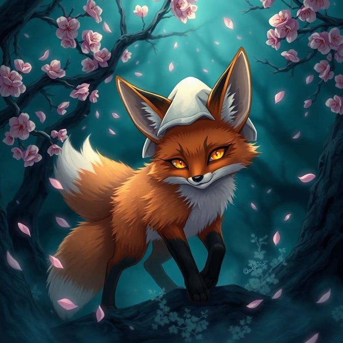 This captivating anime illustration features a fox emerging from a stormy cherry blossom forest, with a rich brown fur and a white hat and tail. The fox's vibrant orange eyes contrast with the dark, eerie background, while its expressive ears add a whimsical touch. The scene is awash in blues and greens, with a hint of fantasy, creating an enchanting atmosphere.