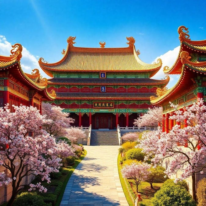 A serene and peaceful scene of a Chinese temple surrounded by blooming cherry blossoms, set against a backdrop of a blue sky with fluffy white clouds.