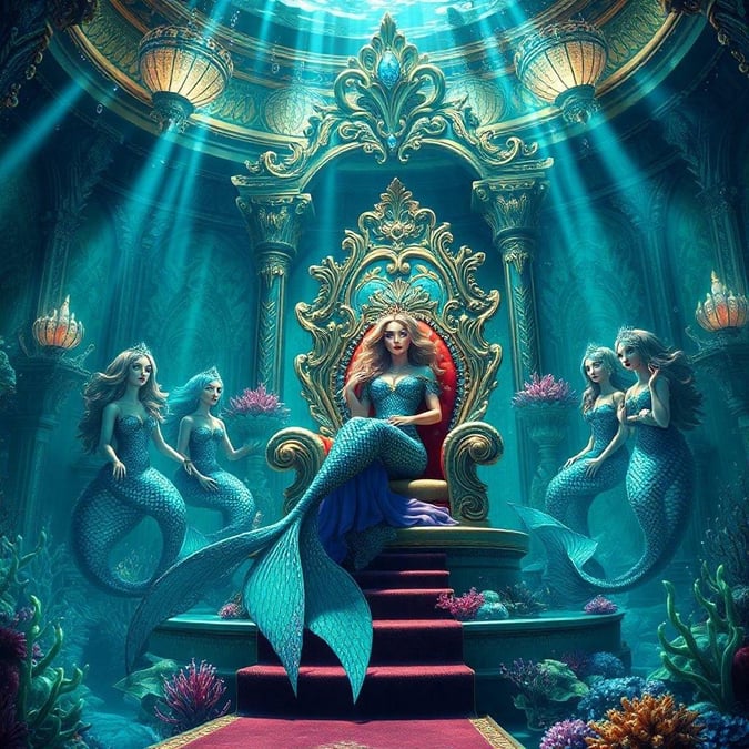 This fantasy wallpaper features a mermaid queen sitting on a throne, surrounded by her loyal subjects. The queen is depicted as a beautiful woman with long hair and a shimmering tail, wearing a crown and holding a scepter. She sits on a throne made of coral and shells, with a red velvet cushion and gold accents. The background of the image is a vibrant blue ocean, with schools of fish swimming in the distance. The overall atmosphere of the image is one of luxury and power, with the mermaid queen exuding confidence and authority.