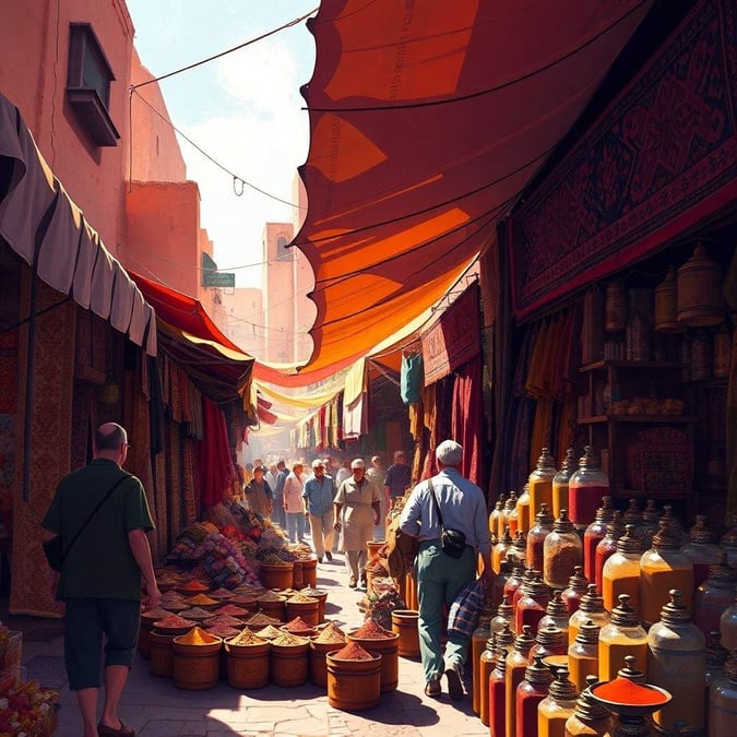 Get ready to immerse yourself in the vibrant culture of Morocco with this stunning wallpaper of a bustling spice market. The image captures the essence of the country's rich heritage, with colorful spices and textiles on full display. Whether you're a travel enthusiast or simply looking to add a touch of exotic flair to your desktop or mobile device, this wallpaper is sure to transport you to the heart of Morocco.