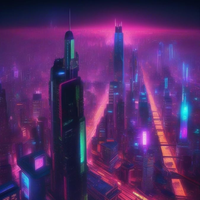 Immerse yourself in the vibrant world of neon and cyberpunk with this stunning cityscape wallpaper. Perfect for desktop and mobile, it's a must-have for fans of futuristic aesthetics.