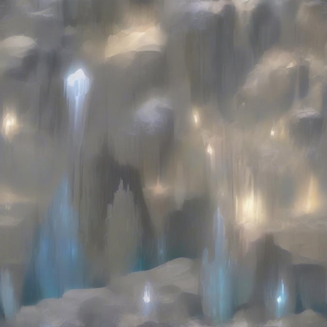 A mystical underworld of towering ice formations and ethereal blue lights.