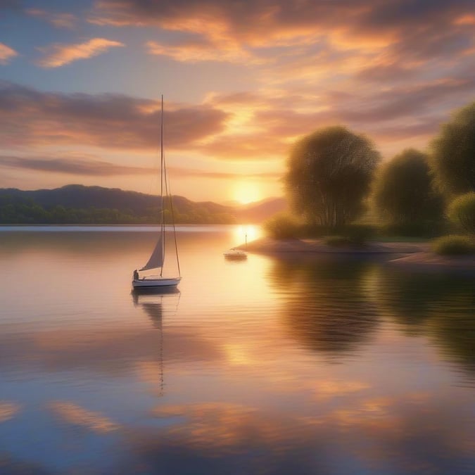 As the sun sets over the tranquil lake, casting a warm glow on the water, a sense of serenity washes over the scene. The sailboat, gently floating on the calm surface, adds a touch of elegance to the picturesque view.