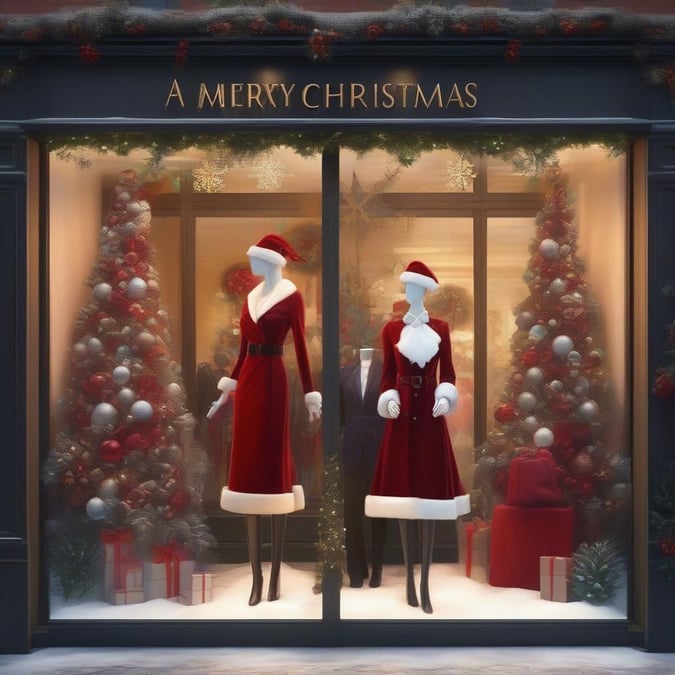 Get into the holiday spirit with this festive Christmas wallpaper, featuring a charming storefront and two mannequins dressed as Santa Claus. Perfect for adding a touch of cheer to your desktop or mobile device.