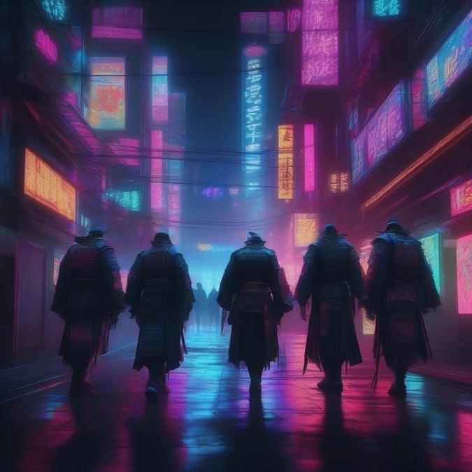 A group of samurai, modernized by cybernetic enhancements, stand ready in a neon-lit alleyway.