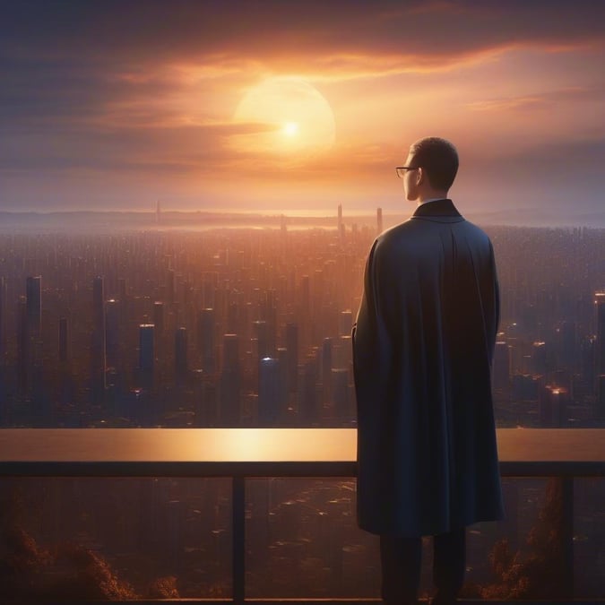 A graduate reflects on the future in an urban skyline at dawn.