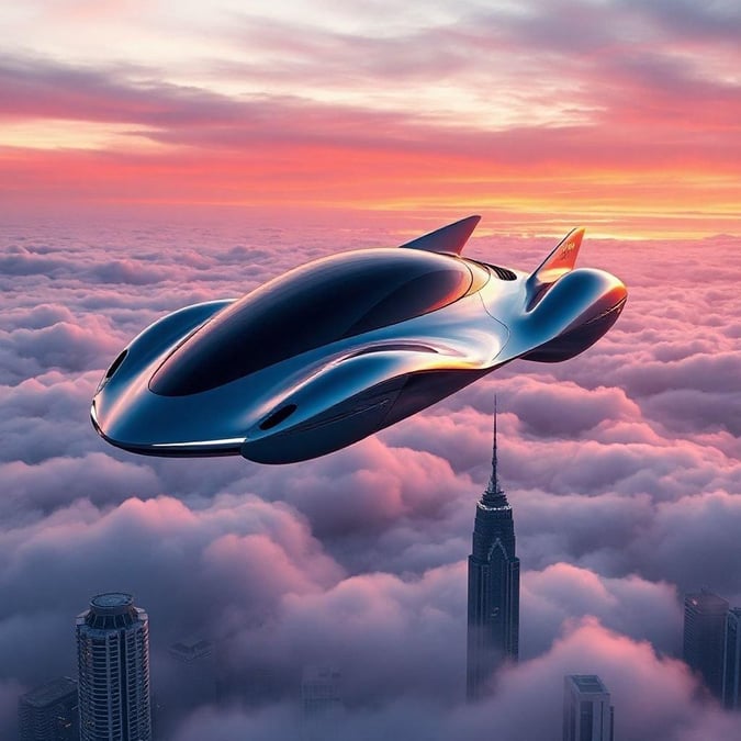 A futuristic vehicle defies gravity and soars above a cityscape, set against a vibrant pink and orange sky.