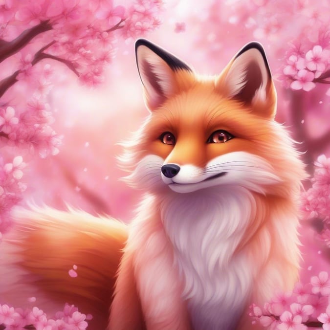 A whimsical anime illustration of a fox, with fur as vibrant and varied as the blossoms around it. The ethereal background is awash with pink cherry blossoms, making for a dreamy backdrop to this enchanting scene.