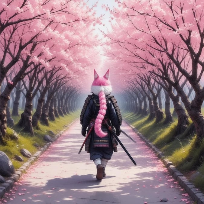 Tauche ein in eine ruhige Anime-Welt mit diesem atemberaubenden Wallpaper, das einen Samurai zeigt, der durch einen mit Kirschblüten gefüllten Tunnel geht. Das lebendige rosa und weiße Fell des Samurai kontrastiert wunderschön mit dem sanften rosa Hintergrund und schafft eine friedliche Szene, die dich einlädt, in die Welt des Animes einzutauchen.