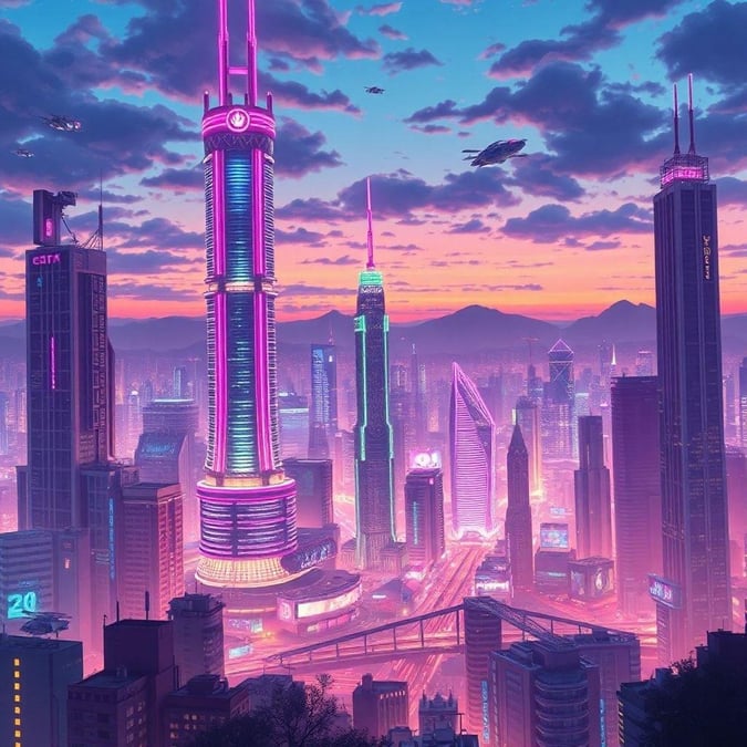 Step into a world of neon-lit wonder with this stunning anime wallpaper, where futuristic skyscrapers and flying cars blend seamlessly with the serene beauty of dusk.