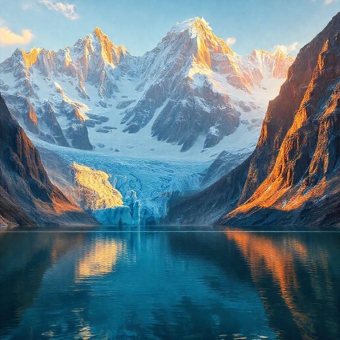 A breathtaking view of an alpine glacier at dawn, with the majestic peaks standing tall over a serene lake.