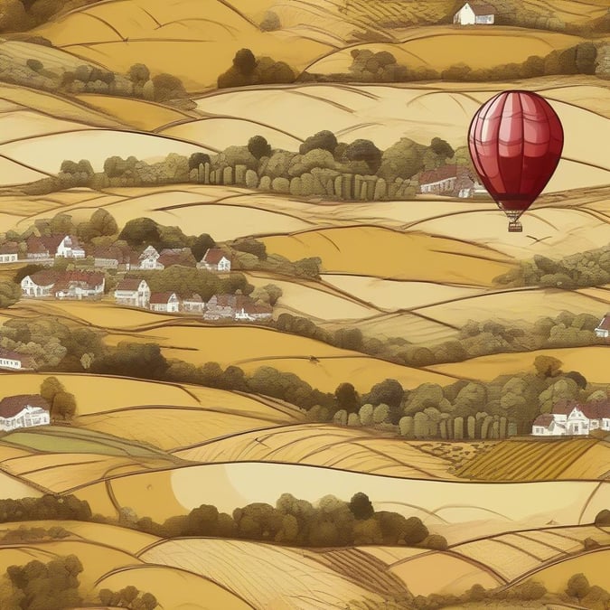 This picturesque landscape captures the essence of countryside charm, with a hot air balloon soaring over rolling hills. The scene is a dreamy backdrop for celebrating love and life's adventures.