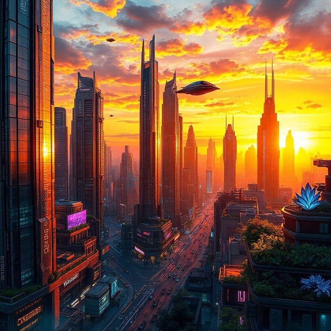 This stunning wallpaper showcases a futuristic cityscape at sunset, with towering skyscrapers and flying cars, evoking a sense of innovation and progress.