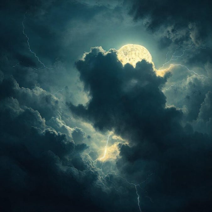 A breathtaking view of a full moon peeking through the clouds, accompanied by lightning that adds to the dramatic effect.