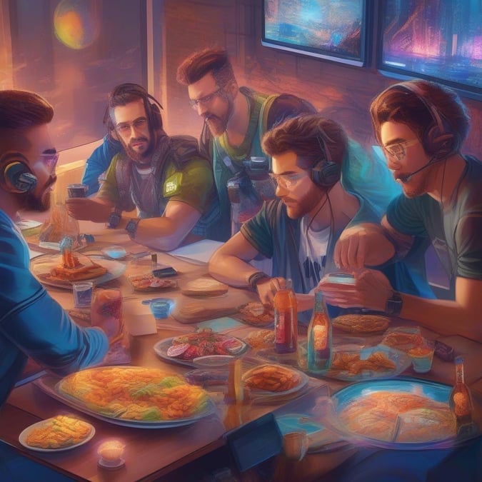 Friends enjoying a meal together before or after a gaming session, with headphones on and tech devices nearby, evoking the camaraderie of team games.