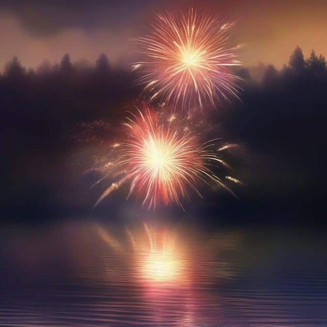 Celebrate the spirit of Independence Day with this stunning wallpaper featuring fireworks exploding over a serene body of water. The vibrant colors and dynamic patterns create a sense of energy and joy, perfect for adding a touch of patriotism to your desktop or mobile device.