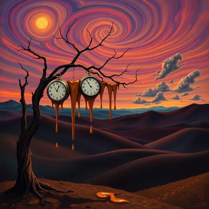 A whimsical, surrealistic art piece that combines the concept of time with a vibrant desert landscape.