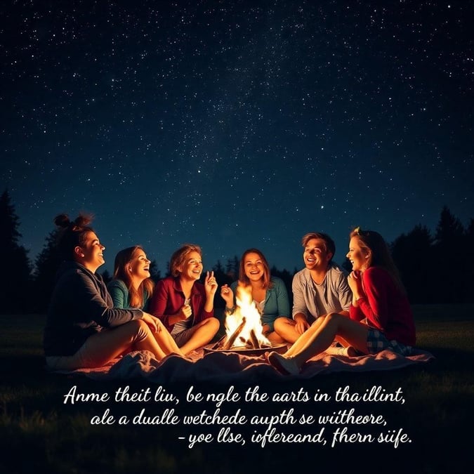 A group of people enjoying an evening around a campfire, sharing stories and laughter. Inspired by Anne Frank's quote about the value of friendship in difficult times.