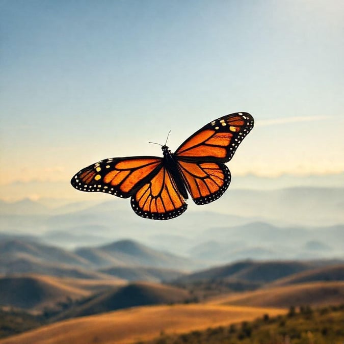 This majestic butterfly, with its vibrant wings of yellow and orange, embodies the beauty and freedom of nature. It's soaring over a serene mountain landscape under the vast expanse of the blue sky, bringing a touch of color to the green hills below.