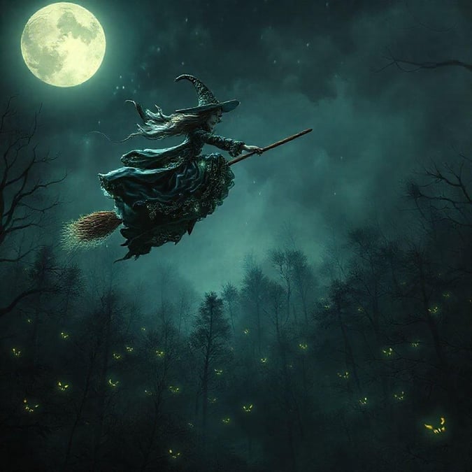 This spooky Halloween wallpaper features a witch flying on a broomstick under a full moon, surrounded by a dark and eerie forest.