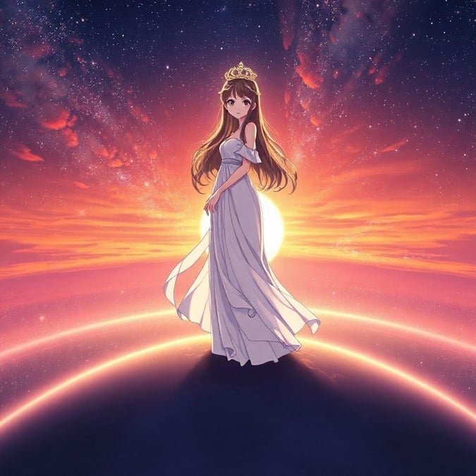 This anime wallpaper features a young woman in a white dress and crown standing on a planet amidst a galaxy of stars, creating an ethereal and surreal atmosphere.