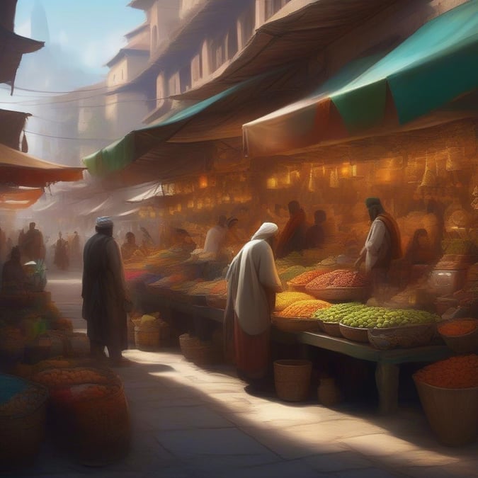 In this lively scene, we can see an outdoor street market set in a medieval town square. The atmosphere is vibrant and bustling with people going about their daily shopping. You can see a variety of stalls, each offering different goods like fruits, spices, and textiles. Above the heads of these shoppers hang colorful signs and cloths that add to the festive feel of the market. The architecture in the background suggests this is set in an old city with cobblestone streets and quaint buildings lining up on both sides of the square.