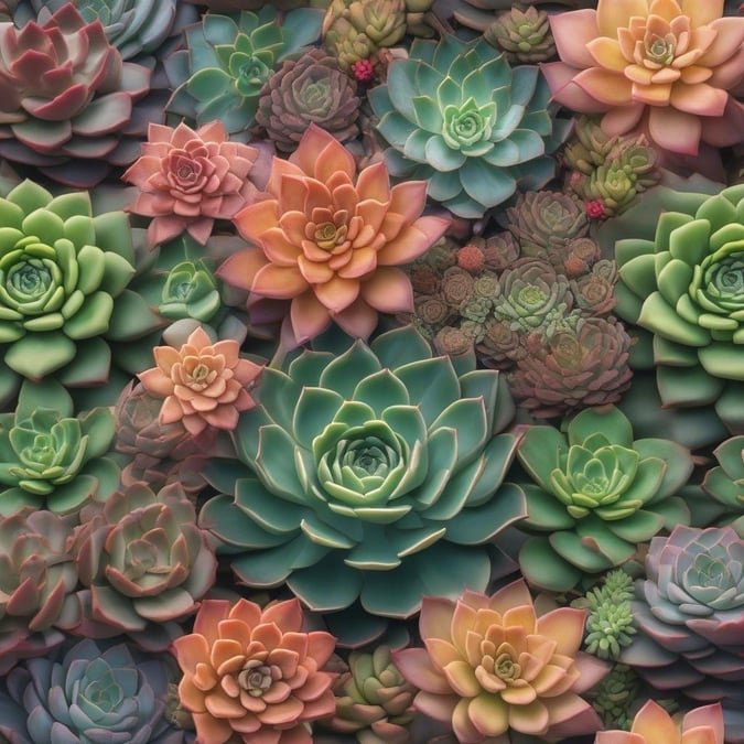 This vibrant wallpaper showcases the beauty of desert flora, with a collection of cacti and succulents blooming in shades of pink, orange, yellow, green, and blue. Each petal and leaf is meticulously painted to capture the unique colors found in these resilient plants.