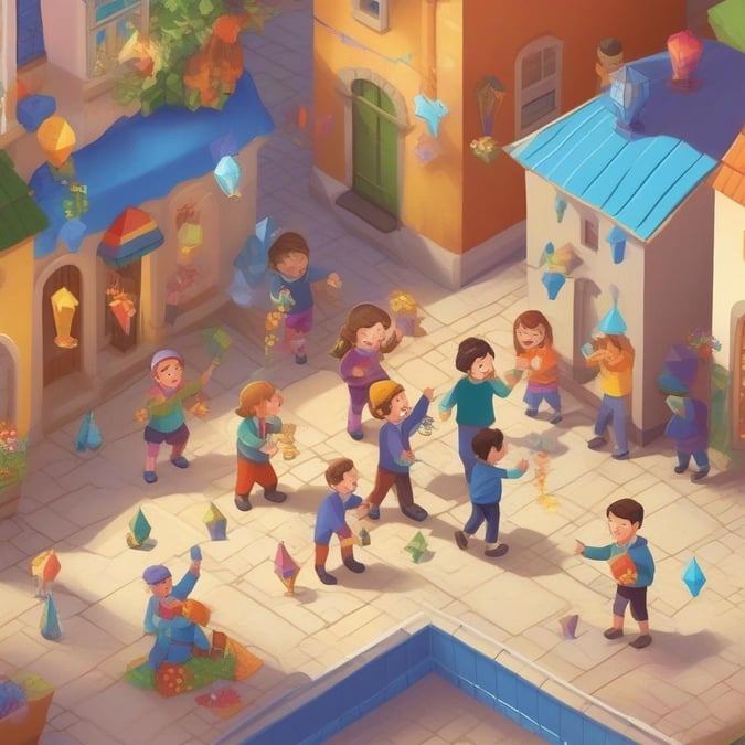 A festive scene with children celebrating the holiday together, in a colorful alley setting. Children are lighting candles and flying kites while enjoying the seasonal decorations.