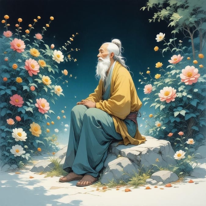 An anime-style illustration of an elderly wise man immersed in contemplation amidst a vibrant flower garden. The tranquil scene is set against the backdrop of a deep blue sky, creating a serene atmosphere.