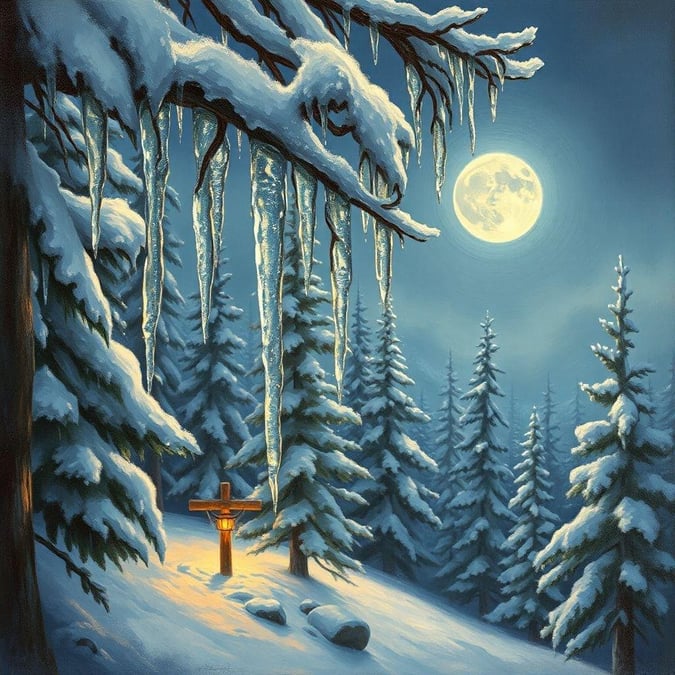 A tranquil night scene in the woods, with snow-covered trees and a full moon casting its light over a frozen pond.