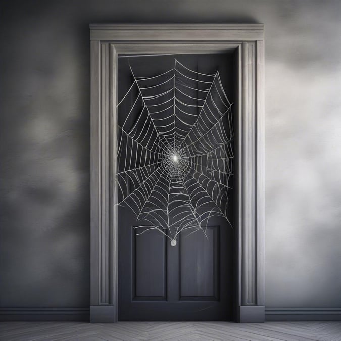 Open the door to a spooky surprise! This wallpaper captures the essence of Halloween with an intricate web of a spider, right at the entrance.