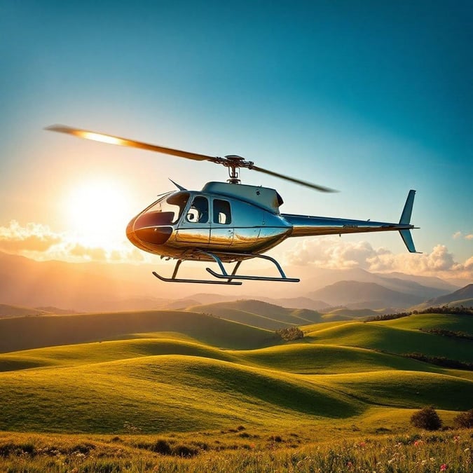 Experience the breathtaking beauty of a sunset helicopter ride above the hills, with stunning views and serene skies.