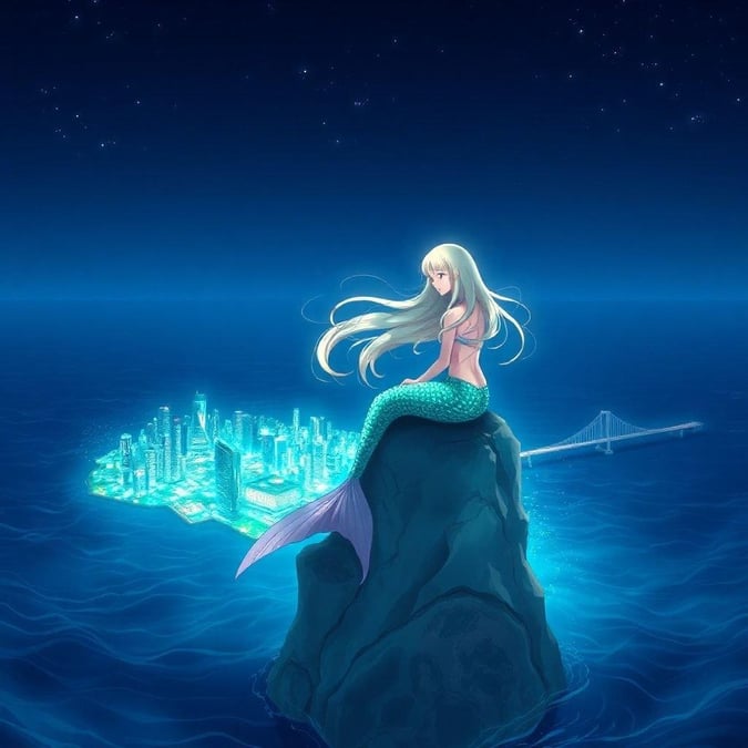 An enchanting anime illustration of a mermaid sitting on a rock, her hair a cascade of light, contrasting the dark blue ocean. The city below is awash in green and blue hues, with towering buildings and a distant bridge, creating an ethereal atmosphere.