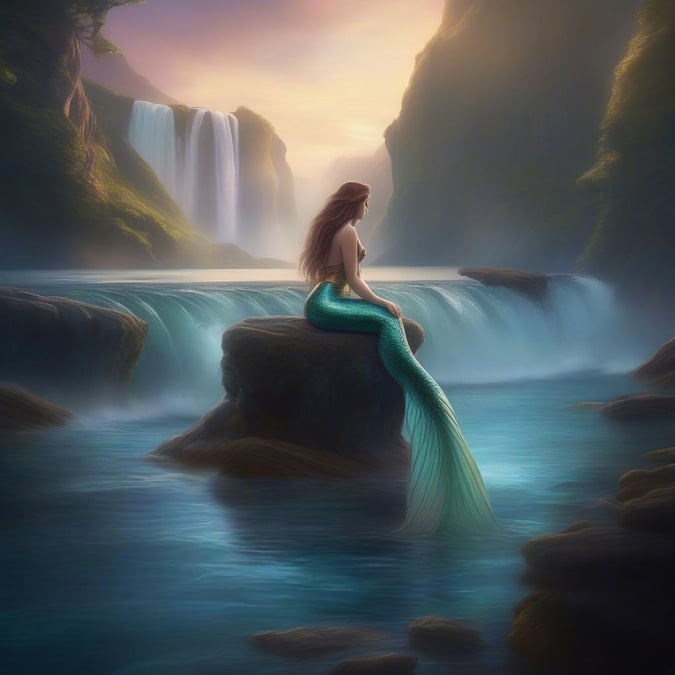 A mermaid enjoys the tranquility of an ocean view at sunset, surrounded by waterfalls. Perfect for desktop and mobile wallpapers.