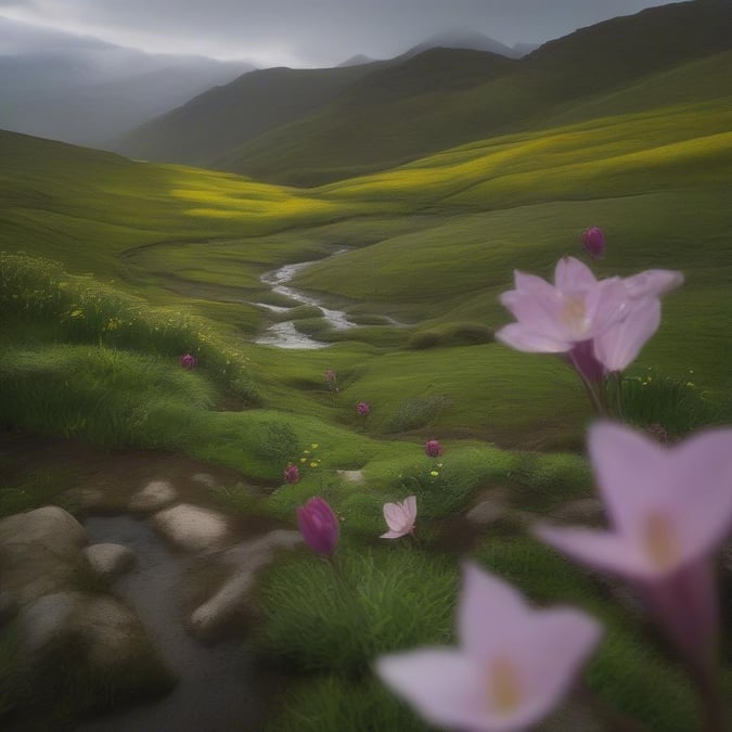 The serene beauty of nature unfolds, with misty mountains in the background, a river flowing through a verdant valley, and delicate pink flowers adorning the foreground.