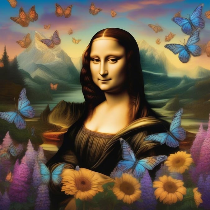 Check out this stunning wallpaper featuring the iconic Mona Lisa surrounded by beautiful butterflies. Perfect for desktop and mobile use, this image is sure to add a touch of elegance and whimsy to your device.